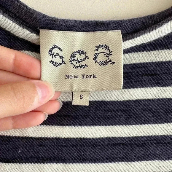 Sea New York Striped Navy Blue and White Crewneck Shirt Ruffle Back, Small - Picture 12 of 16